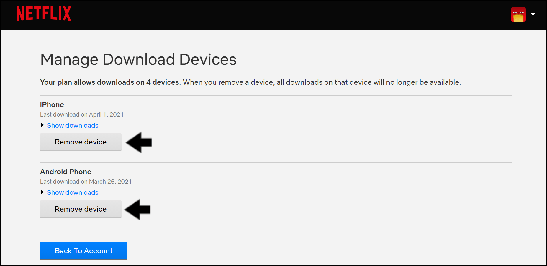 remove or deregister streaming device from Netflix account to fix downloads not working or playing