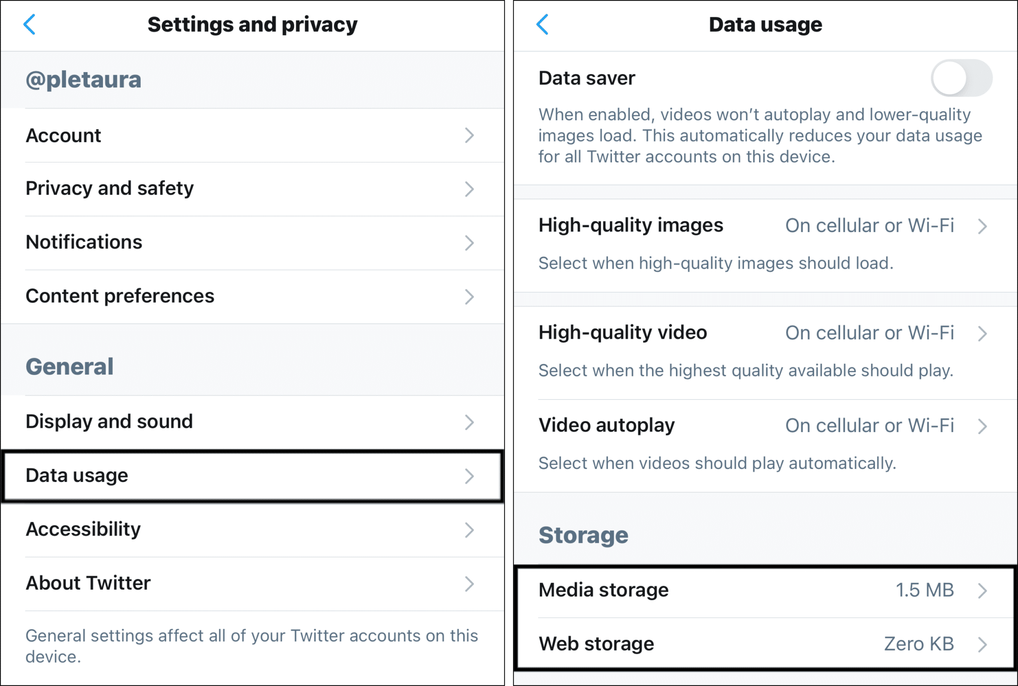 clear Twitter app data and cache through app settings to fix images or photos not loading or showing