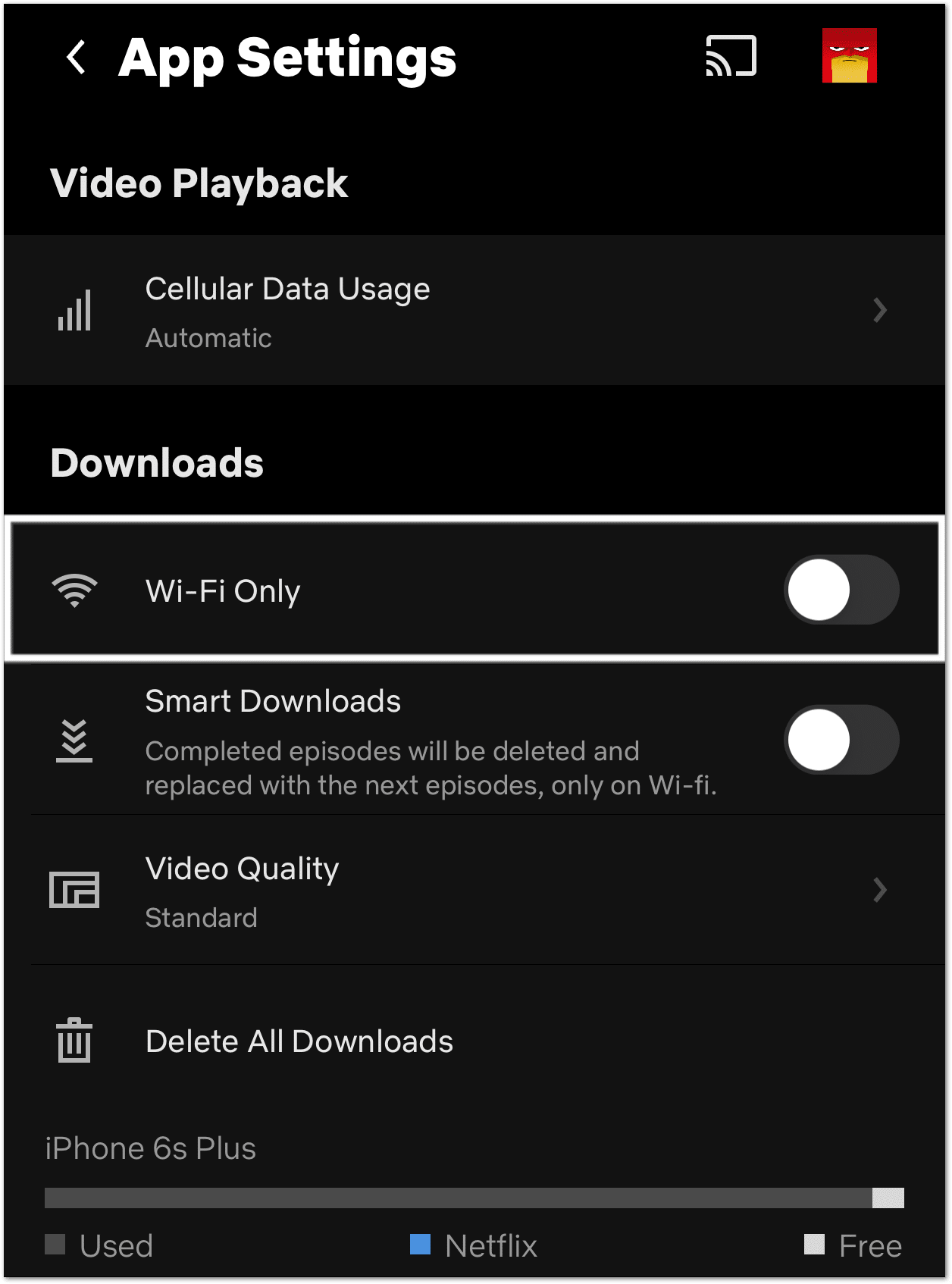 turn off wi-fi only download setting on Netflix to fix downloads not working or playing