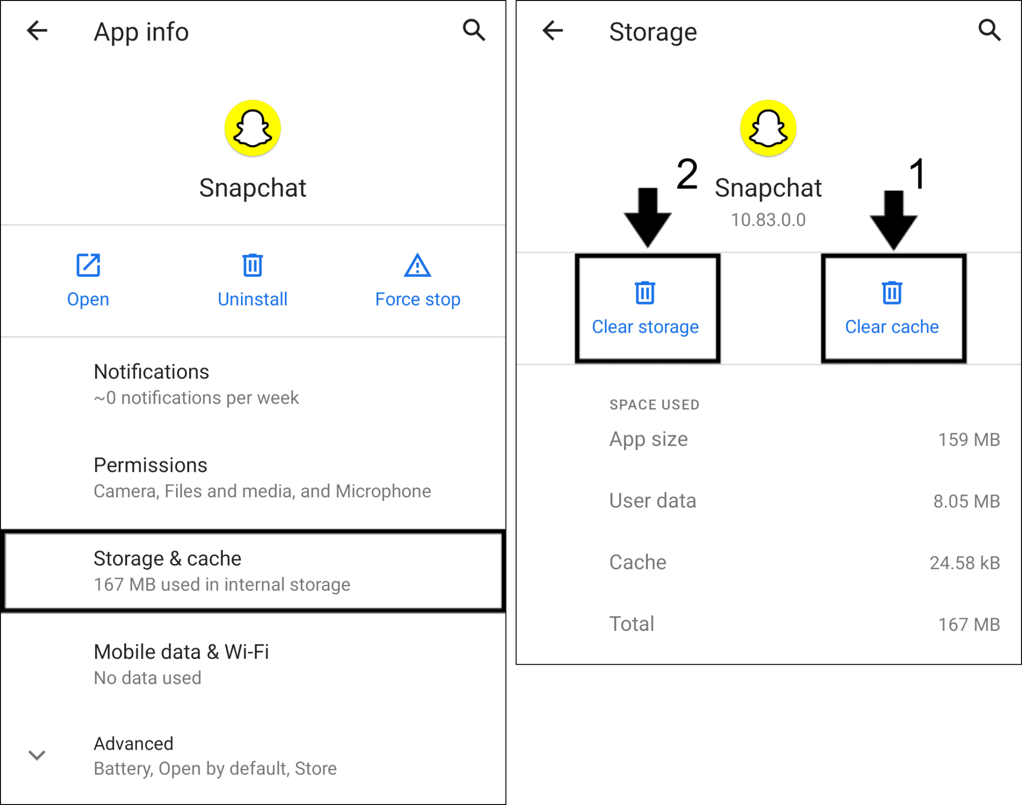 clear snapchat cache through Settings app on Android to fix stories or snaps not showing or loading