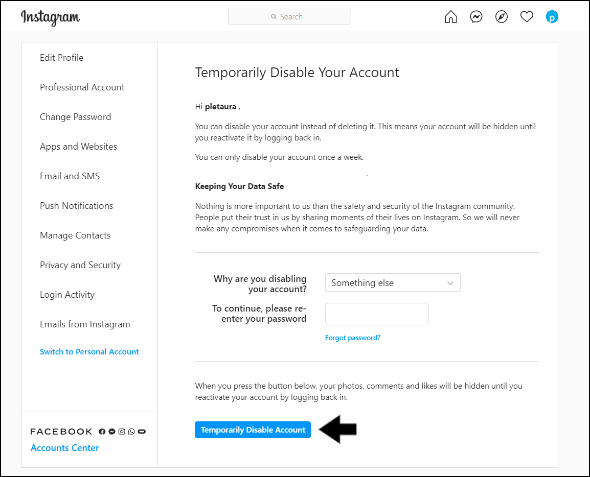 deactivate and reactivate your Instagram account to fix direct messages not sending, loading, showing or working