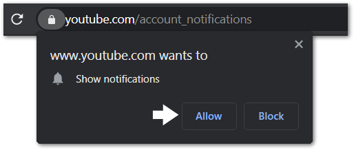 allowing web browser notifications for YouTube website to fix notifications not working