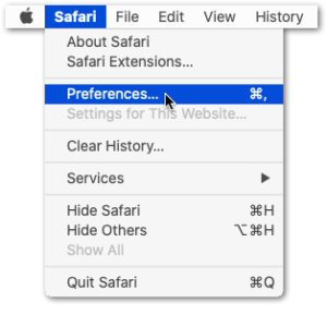 access Safari web browser settings preferences menu on macOS
