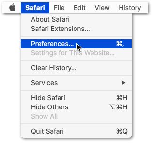 access Safari web browser settings menu on macOS
