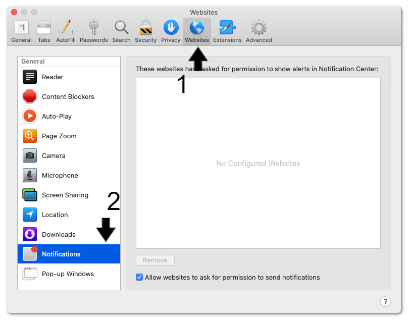 access Safari web browser settings menu on macOS to allow notifications for Outlook website to fix Microsoft Outlook email notifications or sound not working on macOS