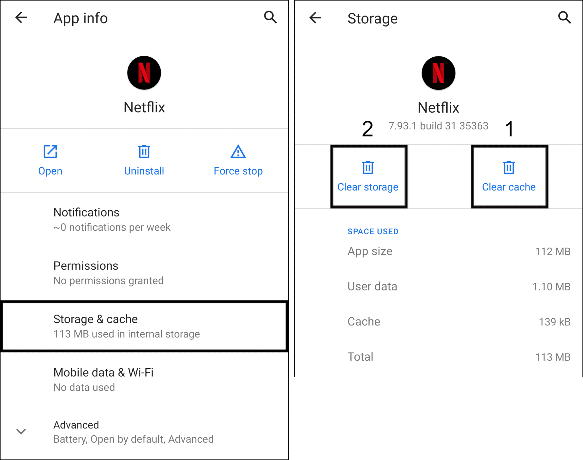 clear Netflix app cache and data on Android to fix downloads not working or playing