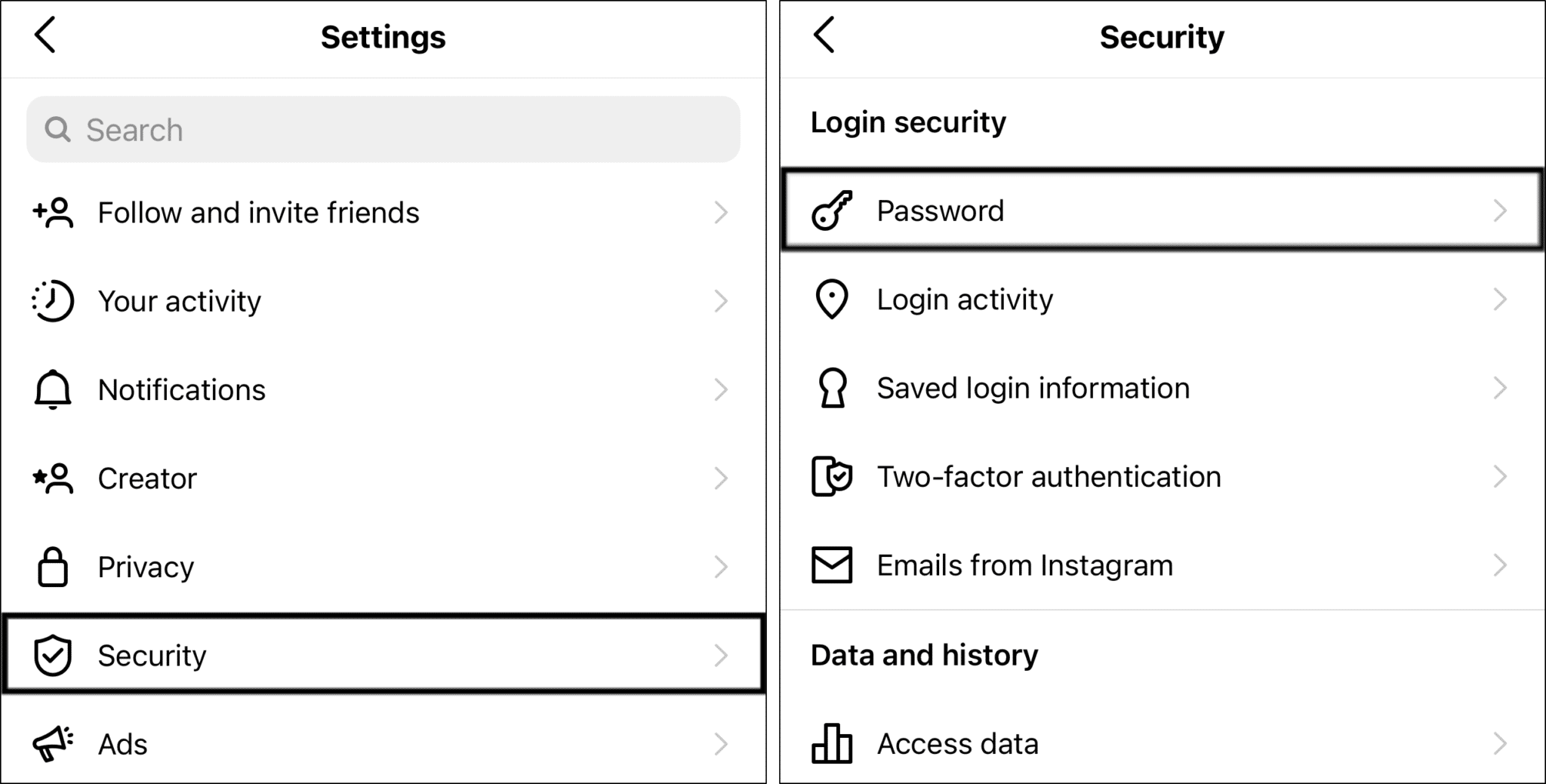 reset Instagram account password through app settings