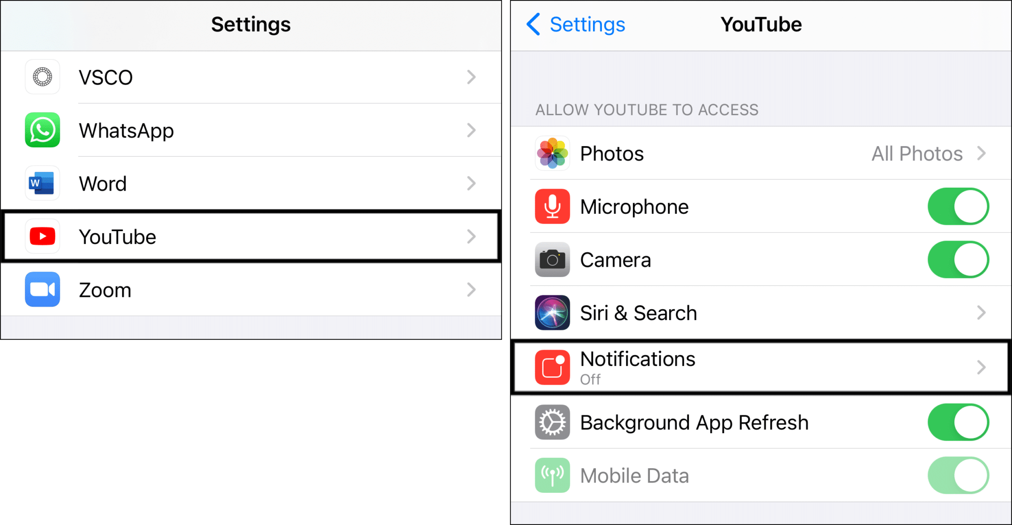 Enable your device’s notification settings on iPhone or iPad to fix YouTube notifications not working