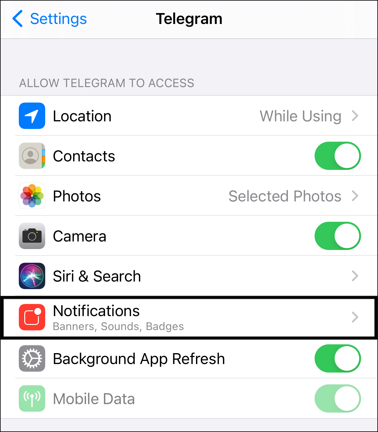 enable notification settings for Telegram app on iOS to fix notifications not working or showing