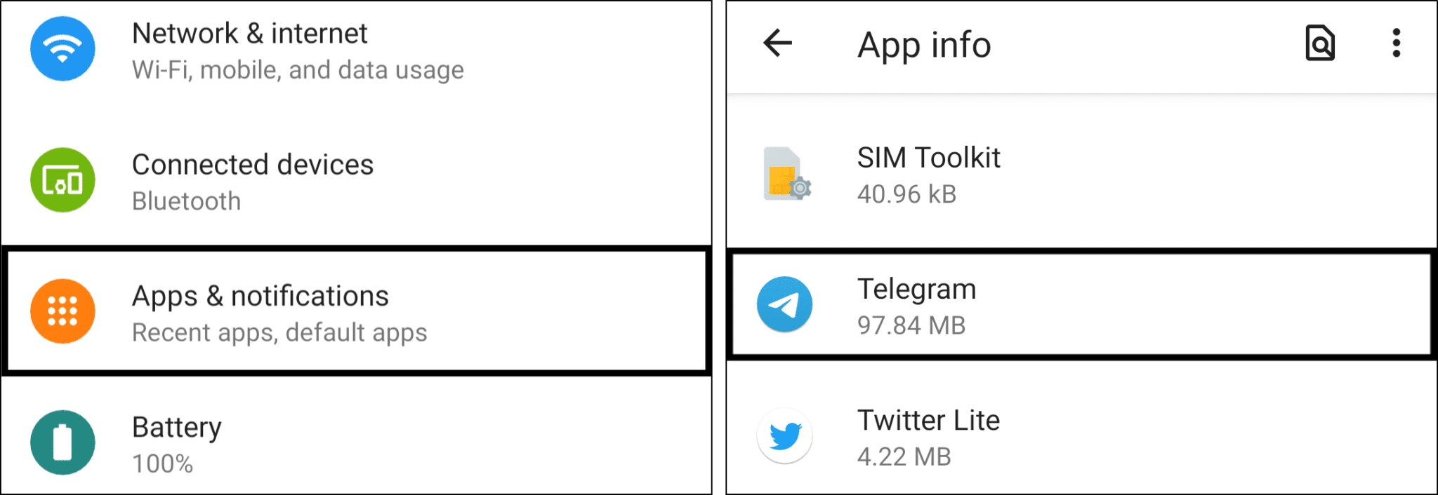 access Telegram app settings in system settings on Android to clear cache and data to fix notifications not working or showing