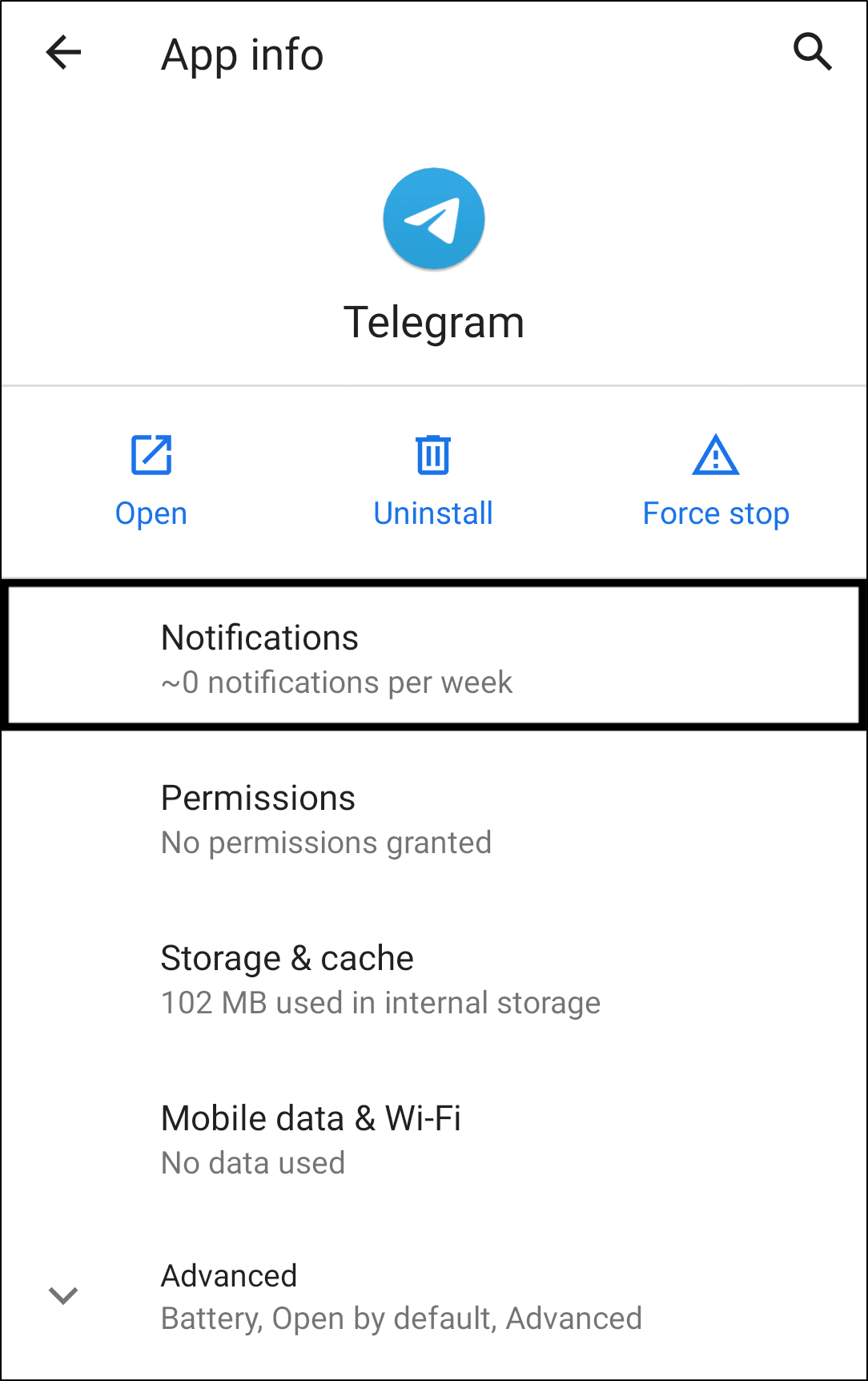 enable notification settings for Telegram app on Android to fix notifications not working or showing