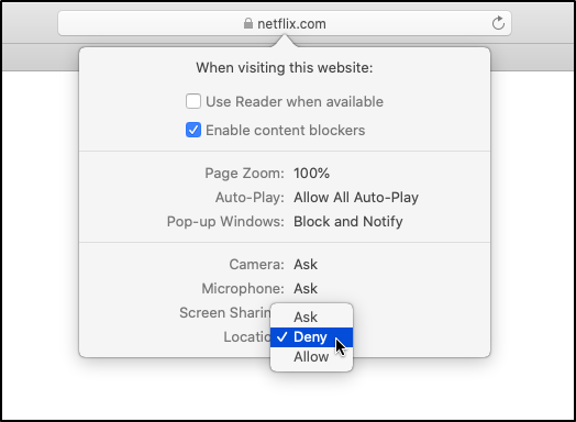 disable location tracking by Netflix site on your web browser Safari macOS to fix Netflix not working with VPN or proxy error