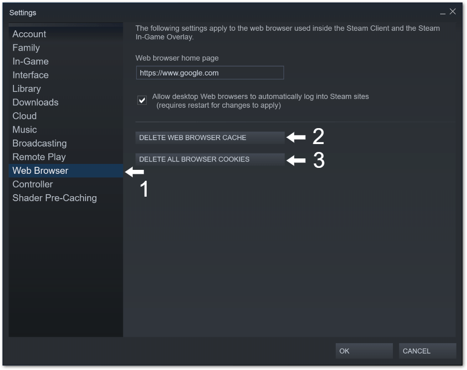 clear Steam web browser cache through client settings to fix Steam Store not working or loading