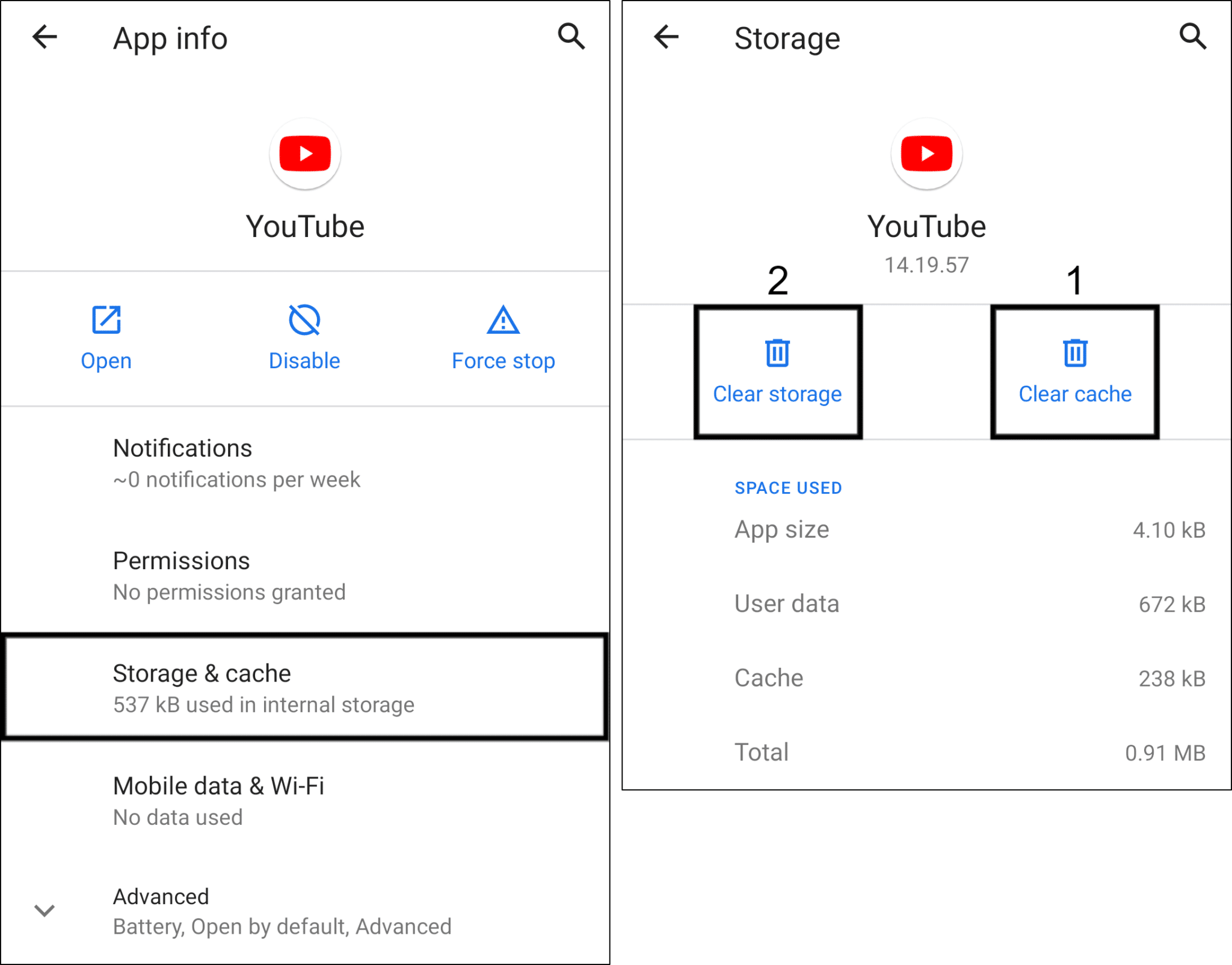 clear YouTube app cache and data on Android to fix YouTube subtitles, automatic, or closed captions not working