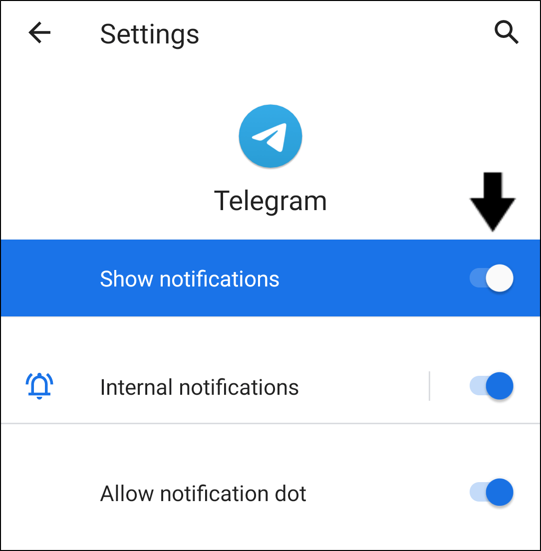 enable notification settings for Telegram app on Android to fix notifications not working or showing