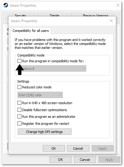 access Steam client properties on Windows to disable compatibility mode to fix Steam Store not loading or working
