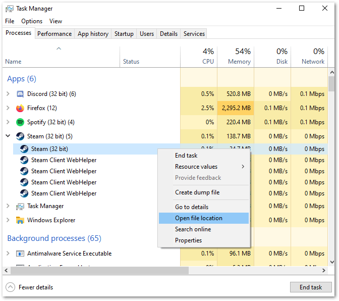 access Steam client files on Windows through task manager to allow permissions to folder and fix Steam Store not working or loading