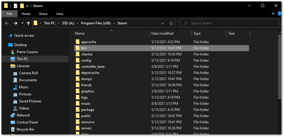 open Steam bin folder to change client permissions to folders on Windows to fix Steam Store not loading or working