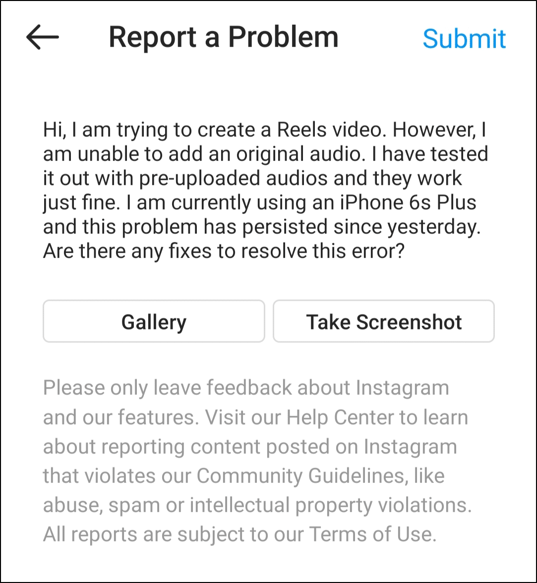 report the Reels issue to Instagram Help to fix Reels not showing or audio not working