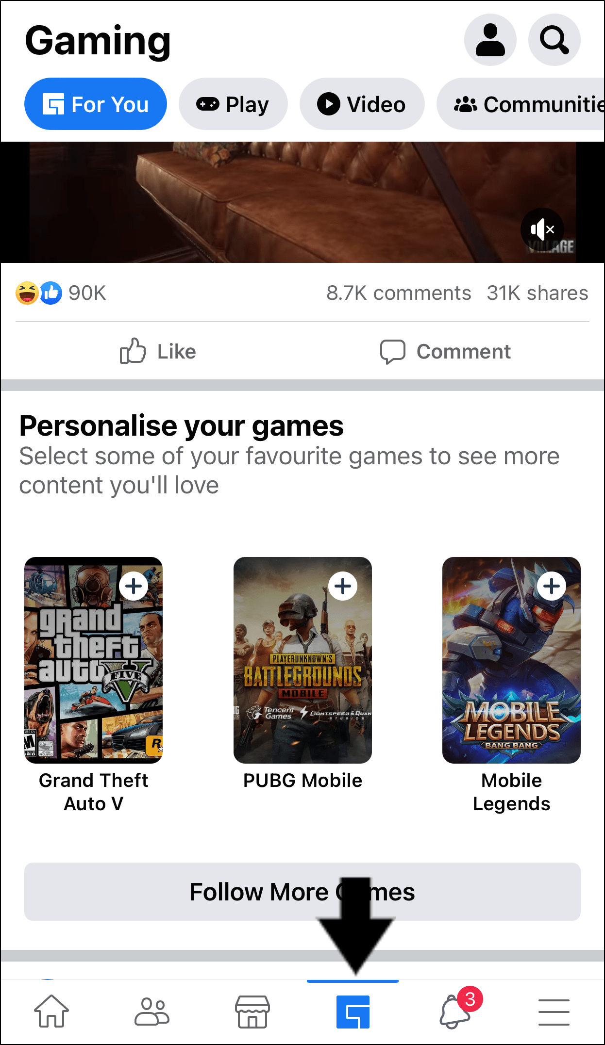 access Facebook Gaming through Facebook app on iPhone or Android