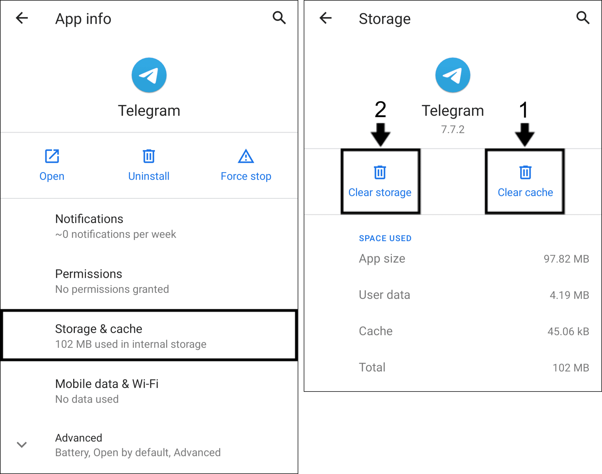 clear Telegram app cache and data on Android to fix notifications not working or showing
