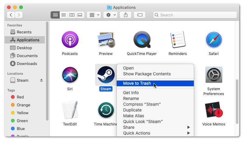 uninstall Steam on macOS through Finder to reinstall it and fix Steam Store not working or loading pictures