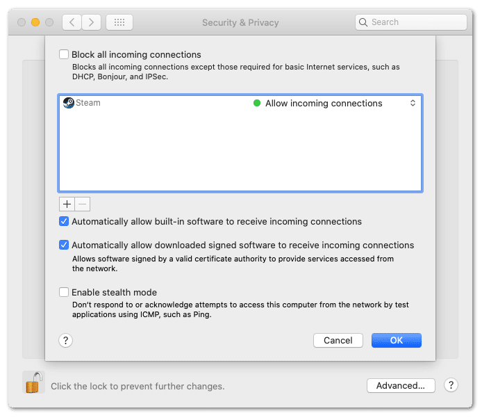 allow Steam through firewall on macOS to fix can't sign in or log in to Steam