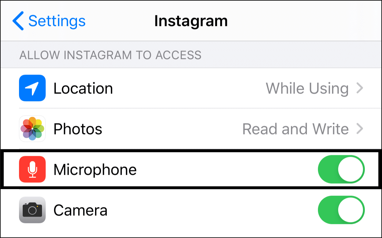 allow microphone permission for Instagram app on iOS to fix Instagram microphone or voice/audio message/note not working, sending or playing