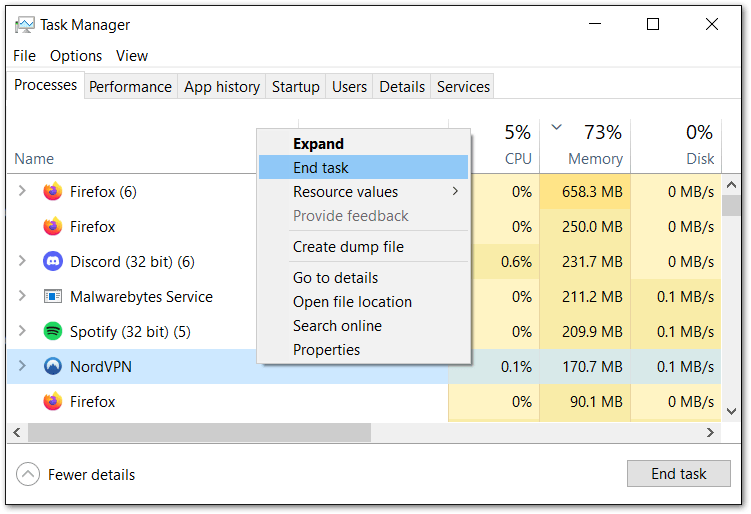 completely close VPN app on Windows through task manager to restart app to fix Netflix not working with VPN or proxy error