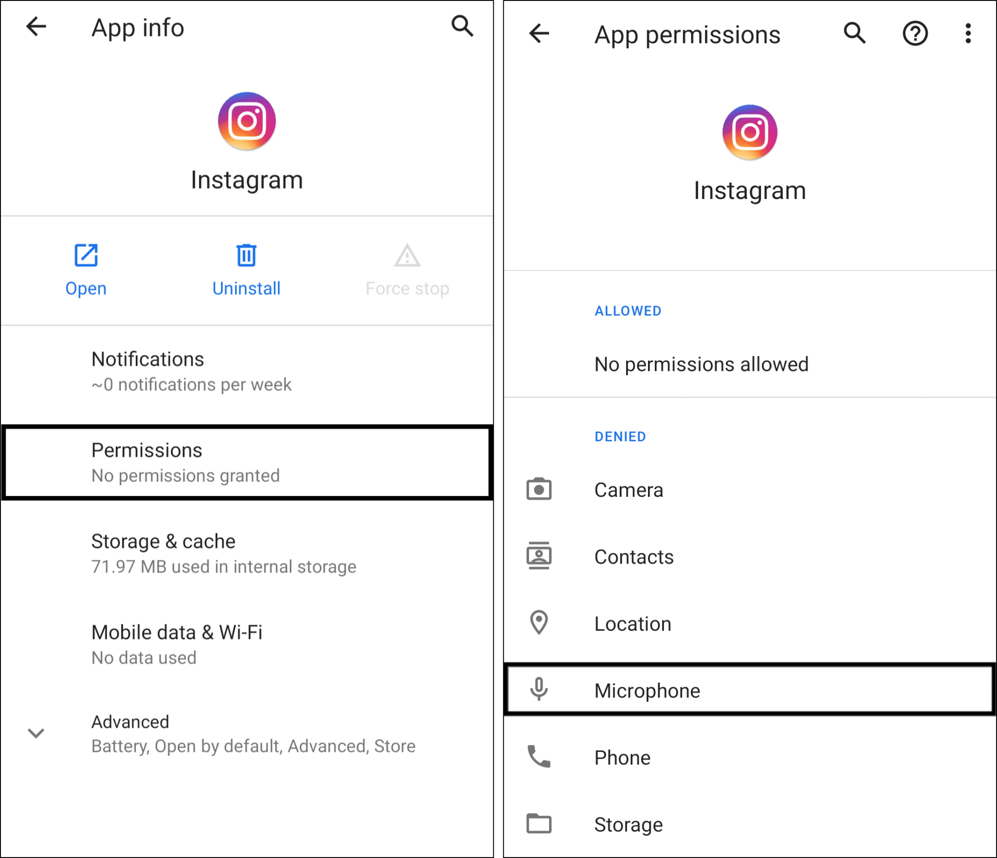 allow microphone permission for Instagram app on Android to fix Instagram microphone or voice/audio message/note not working, sending or playing