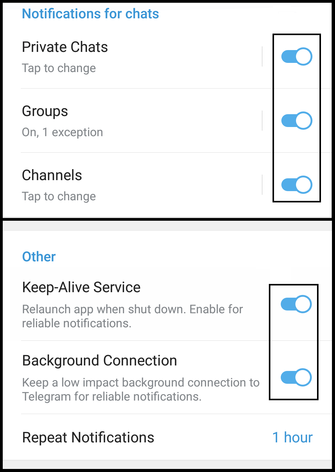 enable app notifications on Telegram on Android to fix notifications not showing or working
