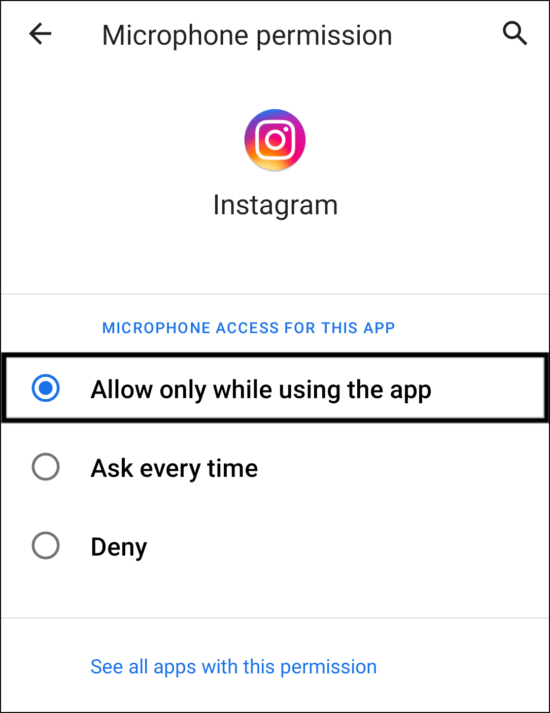 allow microphone permission for Instagram app on Android to fix Instagram microphone or voice/audio message/note not working, sending or playing