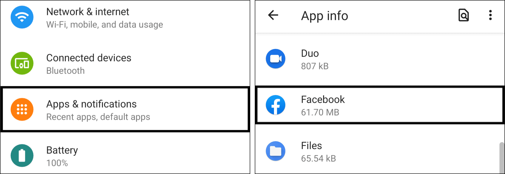 access Facebook app settings in system settings on Android to clear cache and data to fix the Facebook search bar or function not working