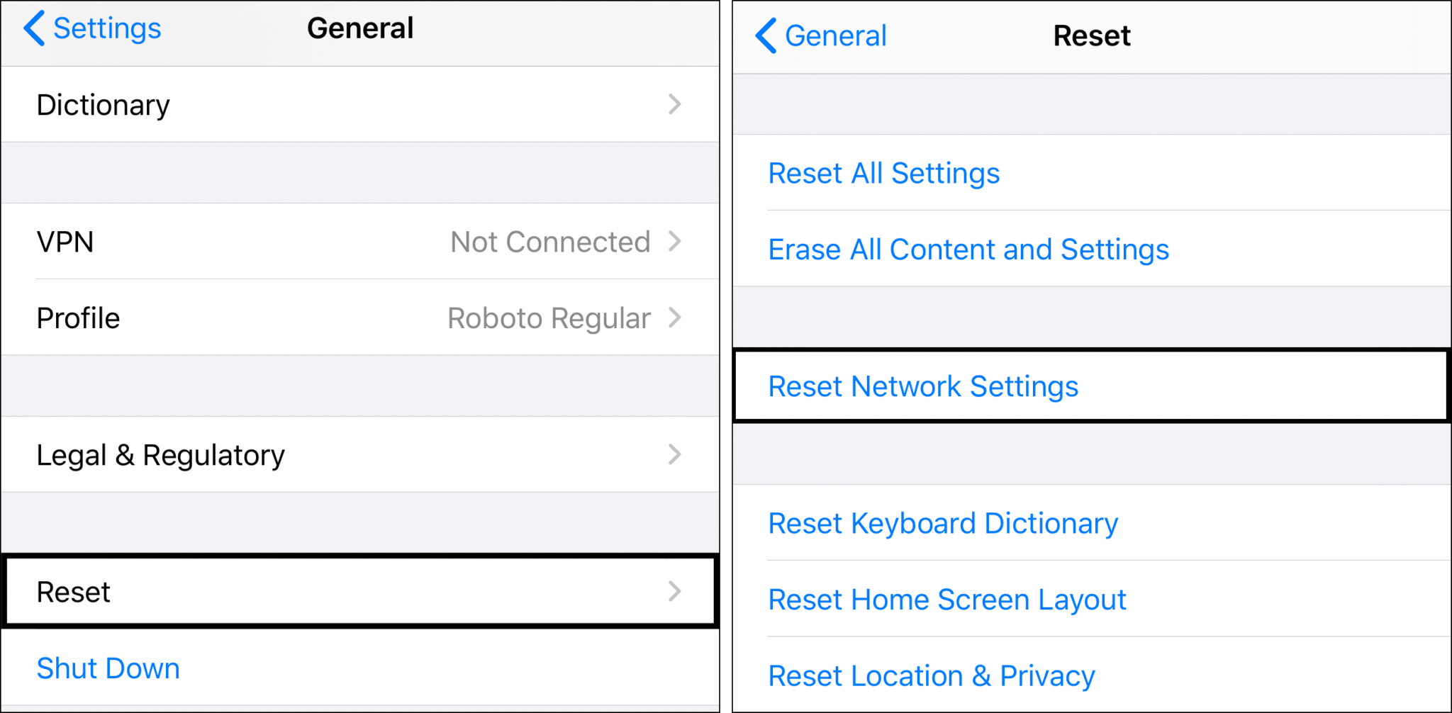 reset network settings on iOS