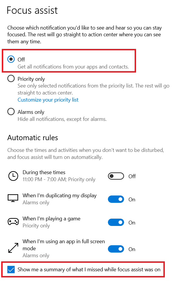 turn off focus assist and show summary on Windows 10 to fix Microsoft Outlook email notifications or soun