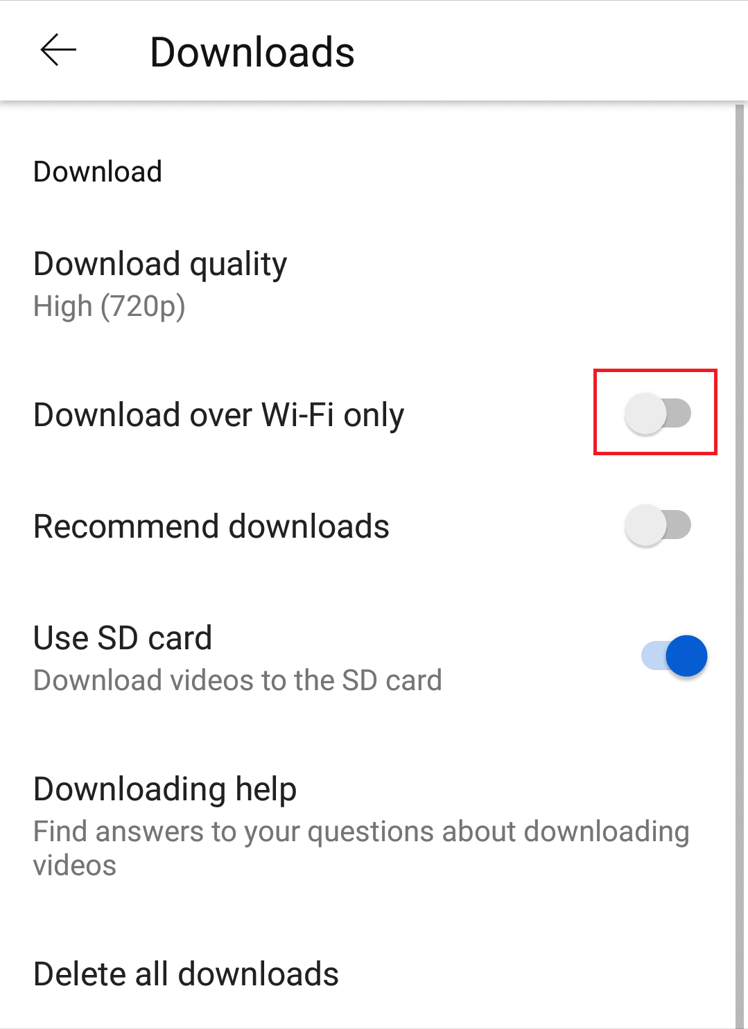 disable Download Over Wi-Fi Option to fix YouTube offline downloads not working or playing