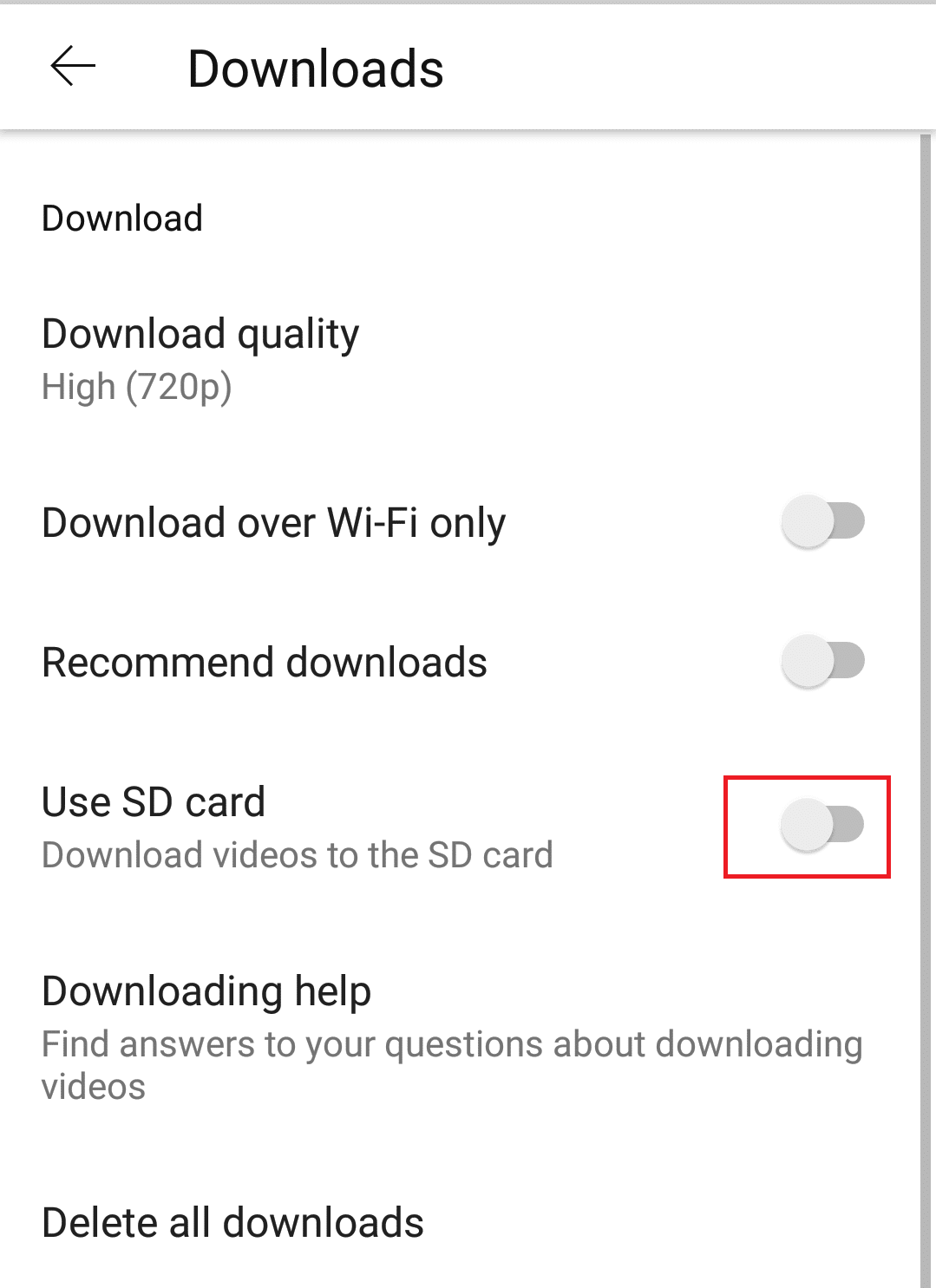 disable the Use SD Card option through the YouTube app settings to fix offline downloads not working or playing