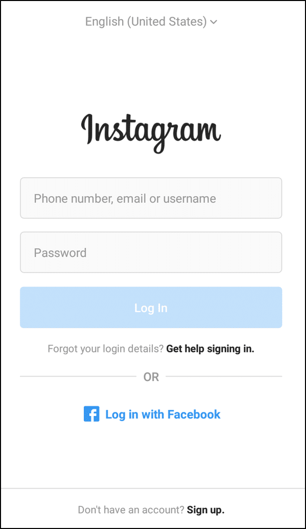 Instagram mobile app login page, check your login credentials to fix can't log in or sign in to Instagram