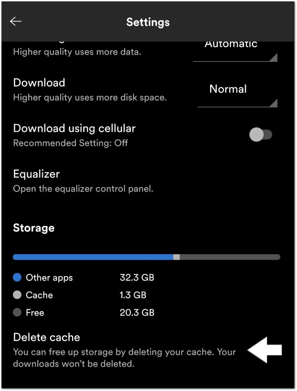 check storage space on device through spotify settings and delete cache to fix Spotify offline downloads songs or playlists not working, playing or greyed out
