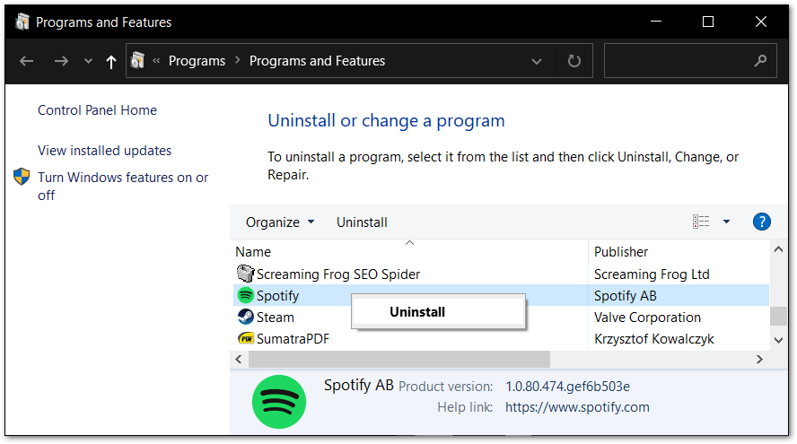 completely uninstall and reinstall the Spotify client on windows to fix Spotify app keeps crashing, closing, stopping, restarting randomly, quitting