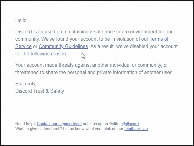 email from discord saying account disabled can't log in