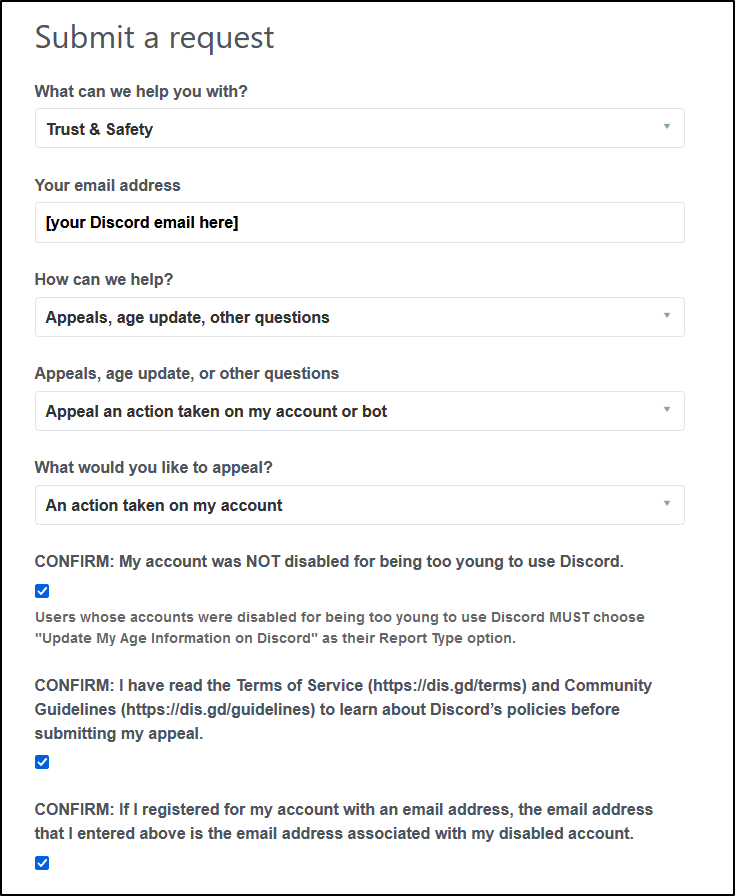 submit a request form to Discord to undisable disabled Discord Account