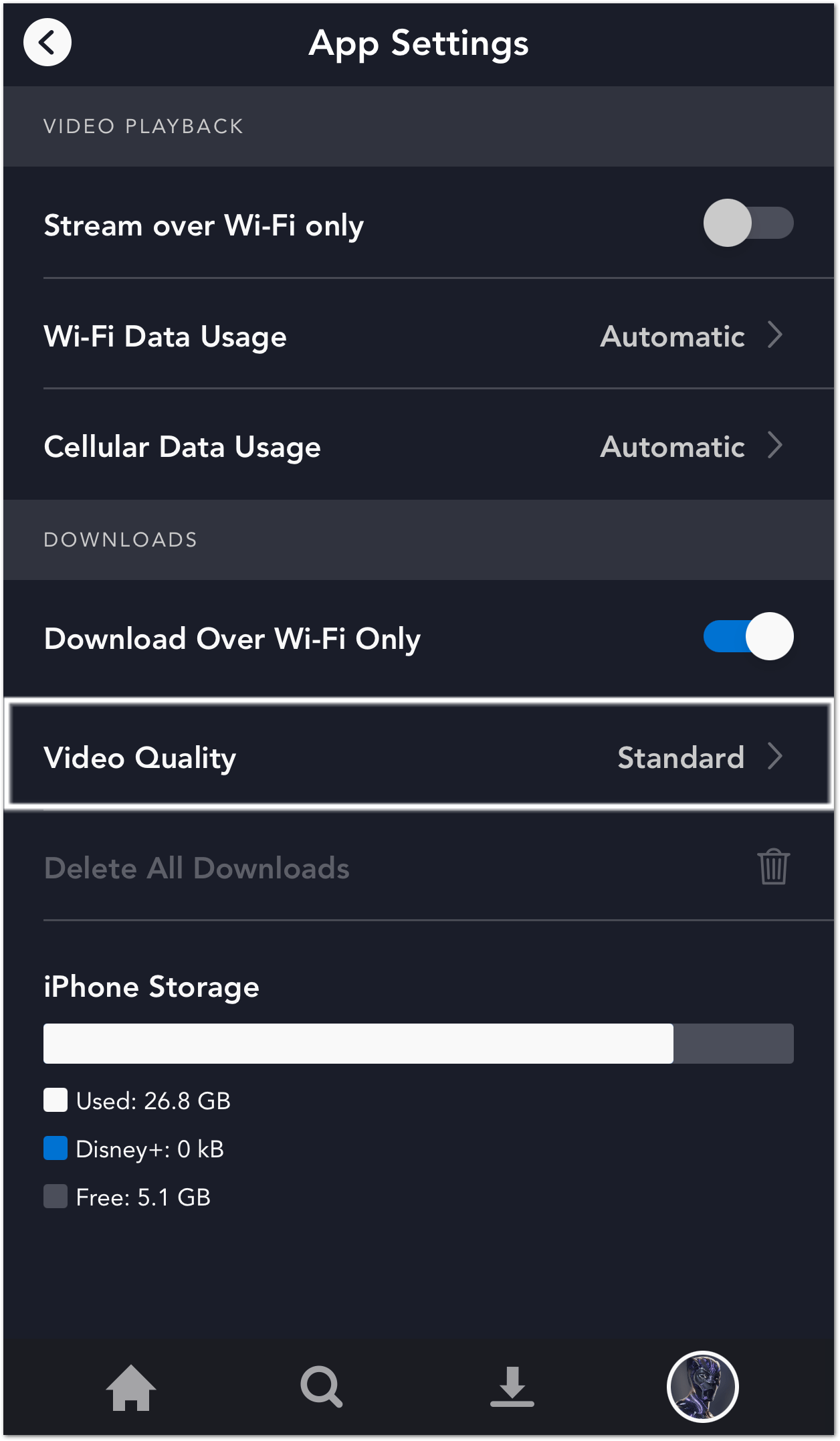 lower downloads video quality on Disney Plus app settings to fix not loading, playing, or the Something Went Wrong error