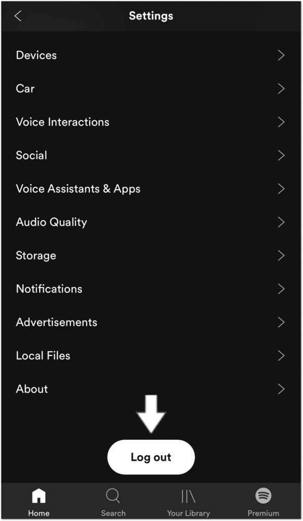 log out and back into the Spotify app to fix Spotify keeps crashing or restarting