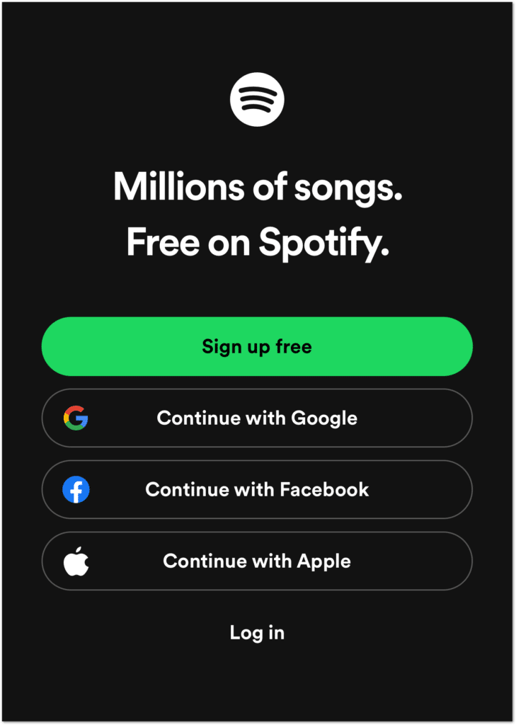 spotify mobile app login page, log out and back into the Spotify app to fix Spotify keeps crashing or restarting