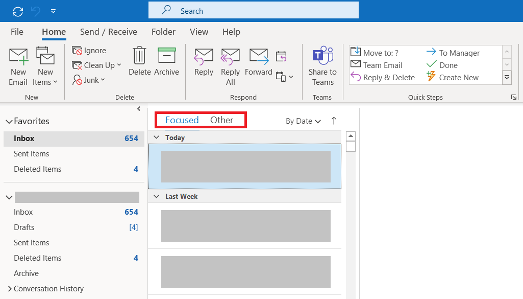 switch between focused and other inbox on Microsoft Outlook on Windows 10 or macOS