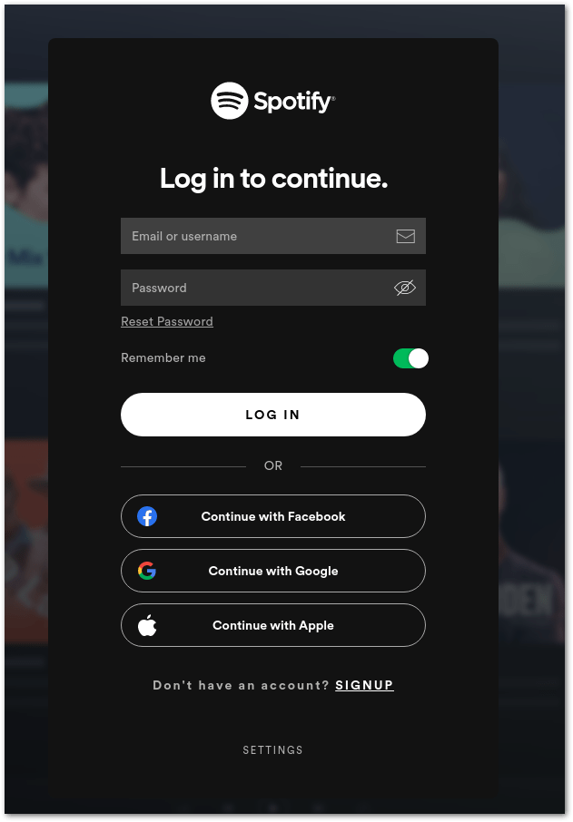 spotify desktop app login page, log out and back into the Spotify app to fix Spotify offline downloads songs or playlists not working, playing or greyed out