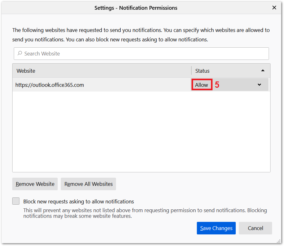 allow browser notifications for Microsoft Outlook on Mozilla Firefox to fix Microsoft Outlook email notifications or sound not working on Windows 10 or macOS