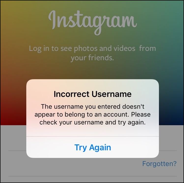 Instagram "Incorrect Username" error can't log in or sign in