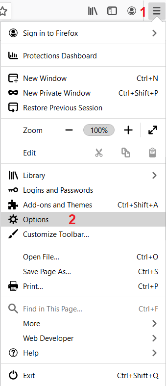 access Options menu on Mozilla Firefox to allow outlook web browser notifications and fix Microsoft Outlook email notifications or sound not working on Windows 10